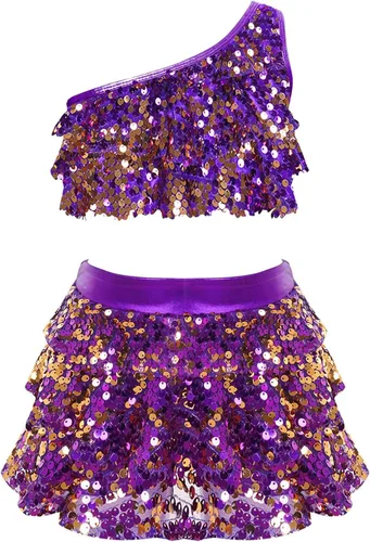Miniatura 33 de JEATHA Top corto con borlas y lentejuelas brillantes para niñas, con minifalda, jazz latino, salsa, samba, rumba, baile