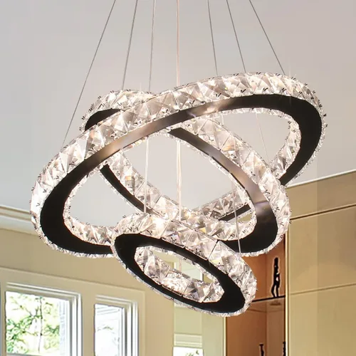 Miniatura 11 de Lámparas de araña LED de cristal, lámpara colgante moderna para comedor, lámpara de techo ajustable con 3 anillos, de acero inoxidable, blanco frío