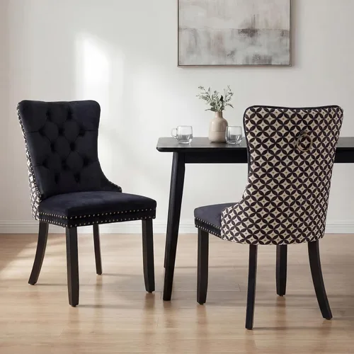 Miniatura 110 de OVENTA Juego de 4 sillas de comedor modernas tapizadas copetudas, terciopelo negro y gris y cuero con patas de madera maciza, sillas de cocina