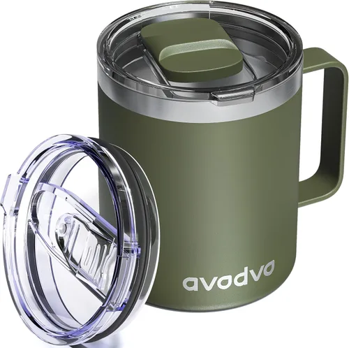 Taza de café aislada de 12 onzas con tapa, incluye dos tapas, taza de viaje de café de acero inoxidable con asa, taza de campamento aislada al vacío