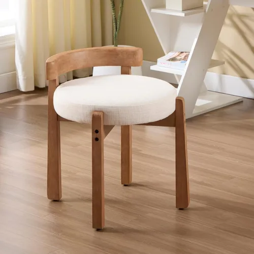 Miniatura 10 de HEAH-YO Silla de tocador de madera con respaldo, reposapiés otomano pequeño tapizado de felpilla, silla de maquillaje moderna de mediados de siglo