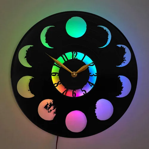 Reloj de pared con luz LED, arte de pared de fases de la luna, decoración de fases lunares, regalo de ciclo lunar, disco de vinilo negro