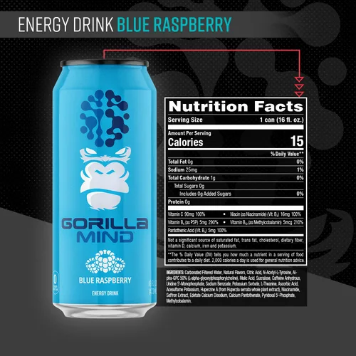 Miniatura 3 de Gorilla Mind Bebida energética Energía inigualable · Enfoque amplificado N-acetil-L-tirosina, alfa-GPC, 200 mg de cafeína, uridina, azafrán 0