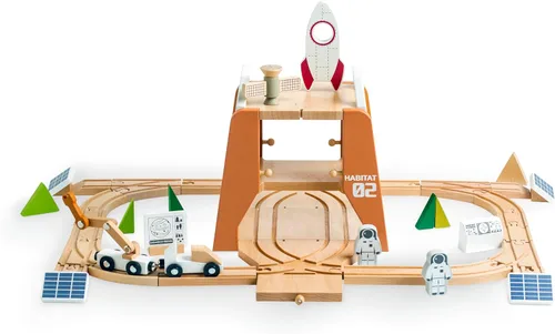EverEarth Juego de tren de madera juguetes espaciales, juego de pistas de tren de madera, 39 piezas, estación espacial de tren base Mars Explore con