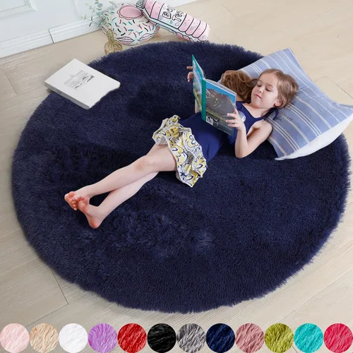 Amdrebio Alfombra Redonda Azul Marino Oscuro de 4 Pies para Habitación de Niños Dormitorio, Alfombras de Área Circulares de Felpa Shag Esponjosa