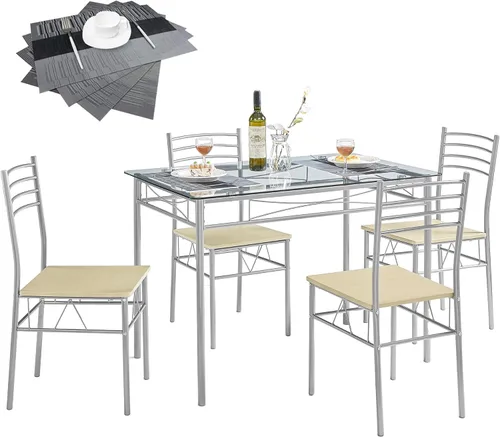 Miniatura 9 de VECELO juego de mesa de comedor de cocina y sillas para 4, asiento acolchado y tablero para vasos, ahorro de espacio, negro mate