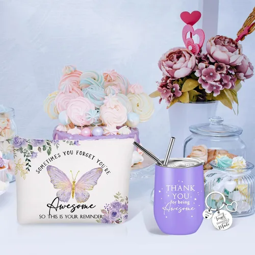 Miniatura 4 de Sieral Regalo de agradecimiento para mujeres, vaso de acero inoxidable de 12 onzas, llavero de agradecimiento y bolsa de maquillaje de lona, regalos
