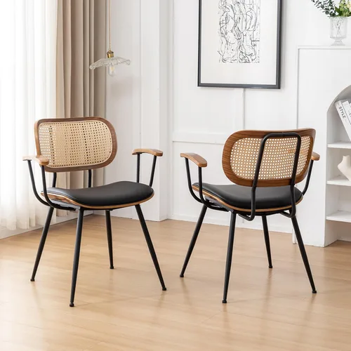 Miniatura 6 de Juego de 2 sillas de comedor de ratán, sillas auxiliares de cocina modernas de mediados de siglo, sillas de escritorio con patas de metal, sillas