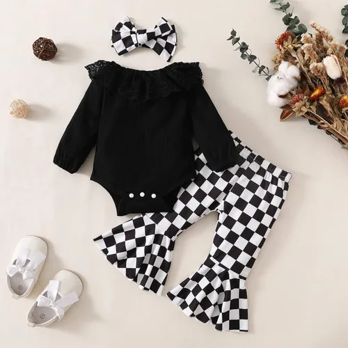 Miniatura 2 de Conjunto de ropa para bebé recién nacida para bebé malla de margarita retazos manga abombada pantalones acampanados diadema