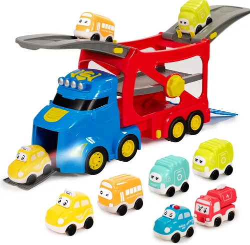 Miniatura 9 de Vroomix Camiones de Juguete Extra Grandes para Niños Pequeños, Camiones de Ciudad de 3 Niveles para Niños, Camión Transportador Grande 7 en 1