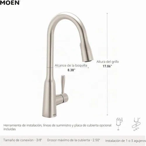 Miniatura 3 de Moen Orivesi Grifo de Cocina de Una Manija de Arco Alto Desplegable Oro Bronce con Power Boost, 87891BZG