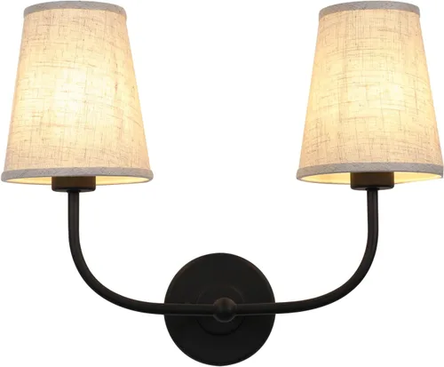 Miniatura 7 de Apliques de pared de 2 luces con embudo de tela de lino, lámparas de pared de doble luz para dormitorio, sala de estar, tocador, baño, pasillo, Negro