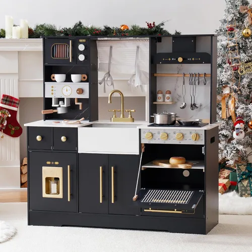 ROBOTIME Juego de cocina de madera para niños, juego de cocina para niños pequeños con máquina de hielo y cafetera, juguete de cocina realista para