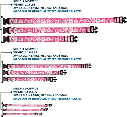 Miniatura 3 de Buckle-Down Collar de clip de plástico, hibisco rosa neón, blanco, 1 pulgada de ancho, se adapta a cuello de 9 a 15 pulgadas, pequeño