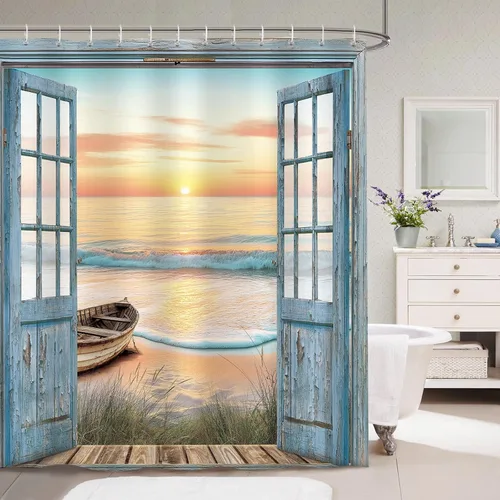 Miniatura 3 de Dazzlewall Cortina de ducha con diseño rústico de playa y océano, juego de cortinas de baño para el hogar, tela impermeable de poliéster, 72 x 72
