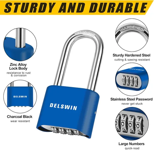 Miniatura 4 de DELSWIN Candado de combinación de candado resistente, cerradura combinada de 4 dígitos con grillete de 2.5 pulgadas de largo, candado impermeable al