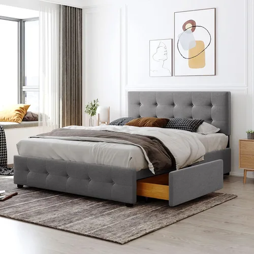 Miniatura 10 de Harper & Bright Designs Cama de plataforma tapizada tamaño Queen con almacenamiento, marco de cama Queen con 4 cajones y cabecero copetudo