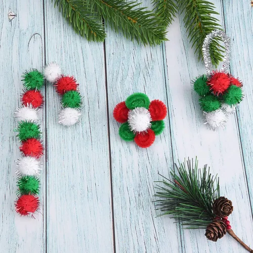 Miniatura 5 de Livder Pompones de Navidad de Glitter Rojo, Verde y Blanco, Pompones Esponjosos, Suministros para Manualidades y Decoración DIY