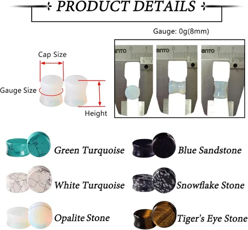 Miniatura 21 de Qmcandy - Juego de 6 pares / 16 pares de dilatadores para las orejas, de piedra mixta, expansores, conjunto de perforación corporal calibre 8G a 3/4
