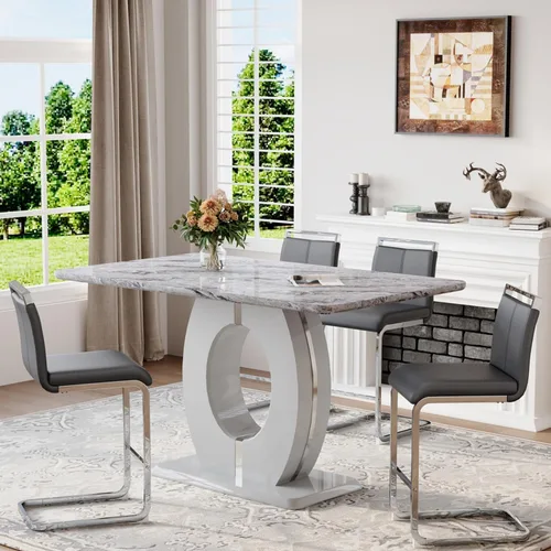 Miniatura 19 de Juego de mesa de comedor de mármol de 63 pulgadas para 6, moderno juego de mesa de comedor de altura de mostrador, mesa alta gris con taburetes