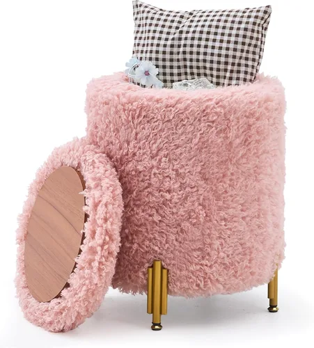 Miniatura 14 de Otomana Redonda Reposapiés con Almacenamiento y Patas de Metal para Sala de Estar y Dormitorio, Reposapiés Tapizado de Terciopelo Soporta 300 libras