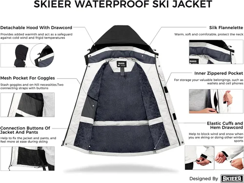 Miniatura 3 de Skieer Chaqueta de esquí impermeable para hombre, abrigo de snowboard de invierno con capucha, impermeable a prueba de viento