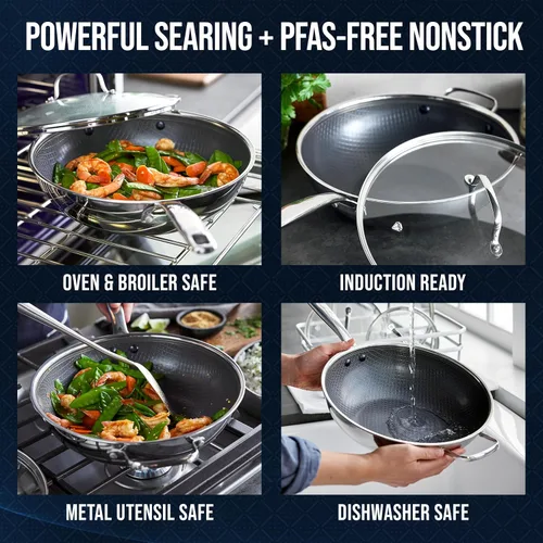 Miniatura 3 de Blue Diamond - Set de ollas de acero inoxidable antiadherente híbrido de 12", con tapa, wok, sin PFAS, con enlace de diamante cerámico, apto