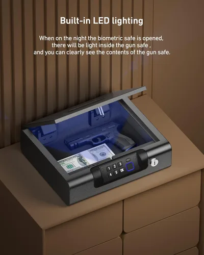 Miniatura 5 de Caja fuerte biométrica BILLCONCH para pistolas con 3 formas de desbloqueo por huellas dactilares, clave PIN digital y llave, caja fuerte para armas