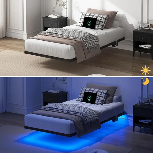 Miniatura 6 de YORMDMO Base de cama flotante tamaño individual, marco de cama resistente con luces LED inteligentes y estación de carga, cama moderna de plataforma