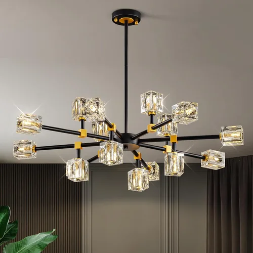 Miniatura 15 de Candelabro de Cristal Negro, Lámparas de Araña Sputnik con 12 Luces, Lámpara de Techo Moderna Ajustable en Altura Semiempotrada para Comedor, Isla