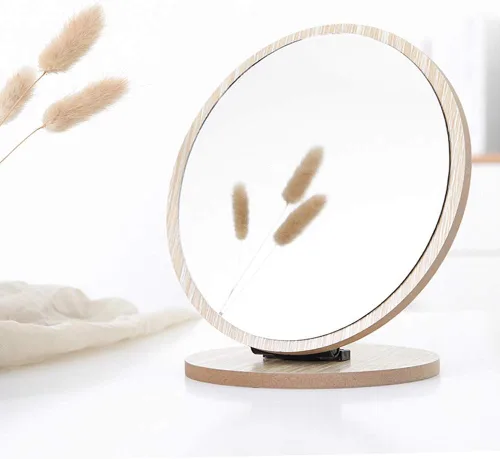 Miniatura 3 de Aestivate Espejo de mesa compacto redondo - Marco de madera de pie, rotación de 90 grados para maquillaje y cosmética