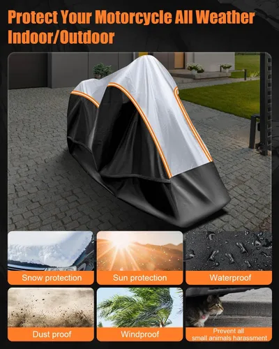 Miniatura 3 de Funda para motocicleta totalmente cerrada, impermeable, para almacenamiento en interiores y exteriores, resistente con tiras reflectantes, se adapta
