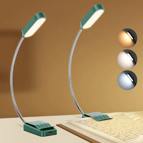 Paquete de 2 luces de lectura recargables para libros en cuidado de ojos de cama, 3 colores, atenuación continua, lámpara de escritorio pequeña de