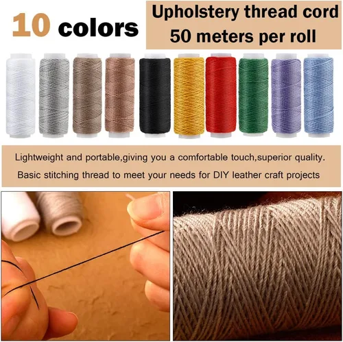 Miniatura 2 de Tikjiua Kit de costura de cuero de 59 piezas, aguja de tapicería para coser a mano, kit de costura resistente con tapicería de hilo encerado, kit