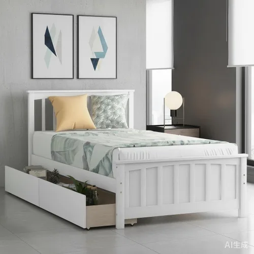 Miniatura 14 de SOFTSEA Base de cama de tamaño individual con cajones de almacenamiento, plataforma de madera maciza moderna de mediados de siglo con cabecero,