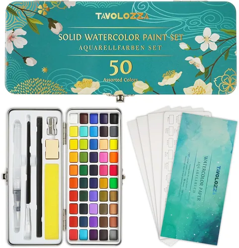 TAVOLOZZA - Juego de pintura de acuarela, 50 colores vivos, incluyendo colores metálicos y fluorescentes en caja de regalo, juego de acuarela 50