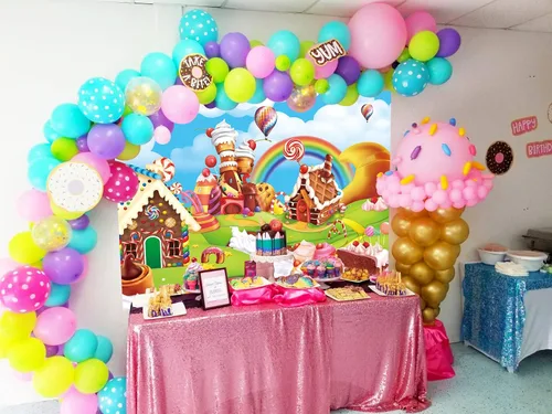 Miniatura 4 de Candyland - Telón de fondo de dibujos animados de 8 x 6 pies, diseño de piruleta de arcoíris, dulce dona, caramelo, fondo de fotografía para primer