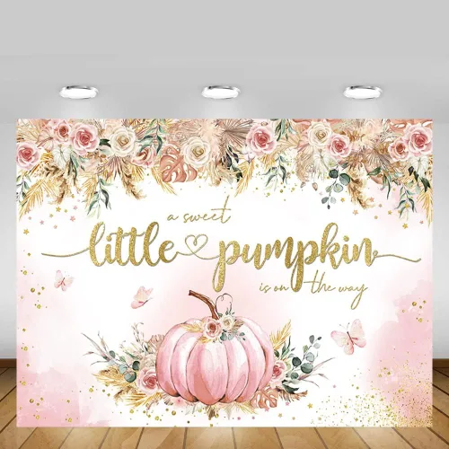Miniatura 5 de MEHOFOND Telón de fondo bohemio de calabaza de otoño de 7 x 5 pies para niñas, diseño floral rosa con texto en inglés "A Sweet Little Pumpkin Is On