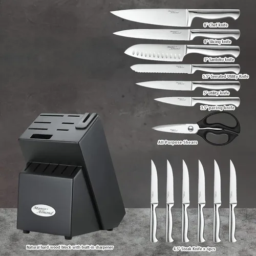 Miniatura 2 de Marco Almond® KYA28 - Juego de cuchillos con bloque KYA28, 14 piezas de acero inoxidable para chef, juego de cuchillos de cocina con afilador