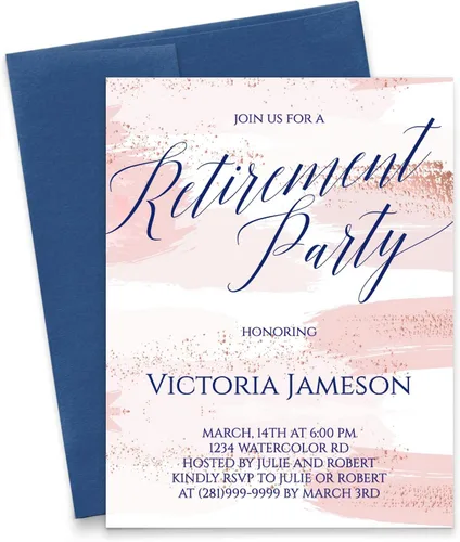 Modern Pink Paper Invitación elegante para cena de jubilación, invitaciones de fiesta de jubilación en acuarela de oro rosa, tu elección de cantidad