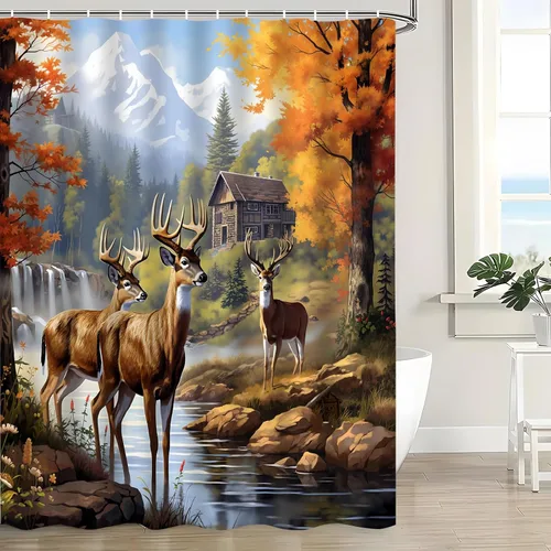 Miniatura 4 de Cortina de ducha de cabaña de ciervos, otoño, montaña, bosque, cascada, vida silvestre, caza, cabaña, cortina de baño de poliéster con ganchos, 35