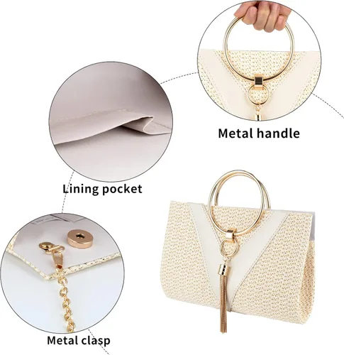 Miniatura 6 de GripIt Bolsos de paja para mujer, bolso de playa bohemio tejido con borla para novia, bolso de mano para mujer, bolso de verano con asa superior