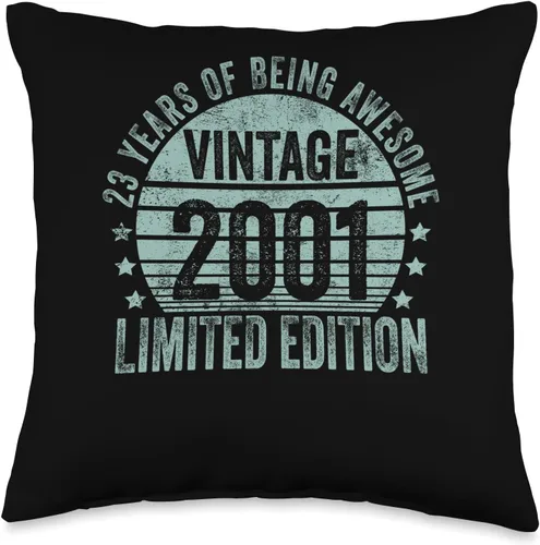23 Year Old Vintage 2001 Limited Edition Bday Cojín retro de regalo de cumpleaños 23 para hombres y mujeres, 16 x 16 pulgadas, multicolor