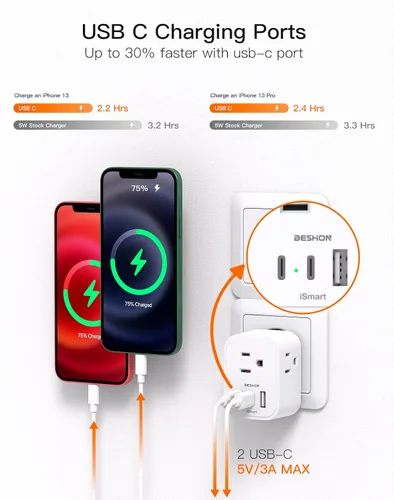Miniatura 4 de Paquete de 2: adaptador de enchufe de viaje europeo, adaptador de enchufe de alimentación internacional BESHON con 3 tomas, 3 puertos USB (2 USB C)
