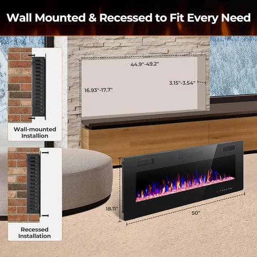 Miniatura 2 de Crzoe Chimenea eléctrica, empotrada y montada en la pared con control remoto, temporizador, color de llama ajustable y velocidad, insertos