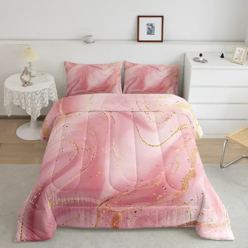 Miniatura 9 de Erosebridal Juego de edredón de mármol rosa dorado para niños y niñas, ropa de cama de mármol metálico, juegos de edredón de textura de mármol
