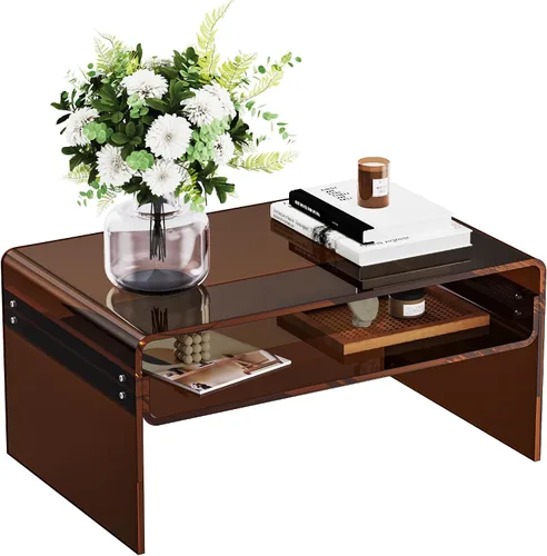 Miniatura 11 de Mesa de café acrílica para sala de estar con estante de almacenamiento abierto, mesa rectangular transparente de Lucite (1, Transparente, Normal)