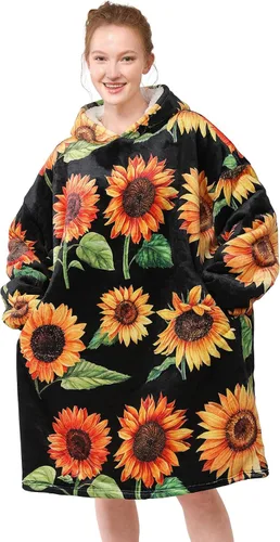 LetsFunny Manta con Capucha, Sudadera Manta de Forro Polar Sherpa de Gran Tamaño Usable, Súper Suave Cálida y Acogedora con Bolsillo Gigante, Girasol