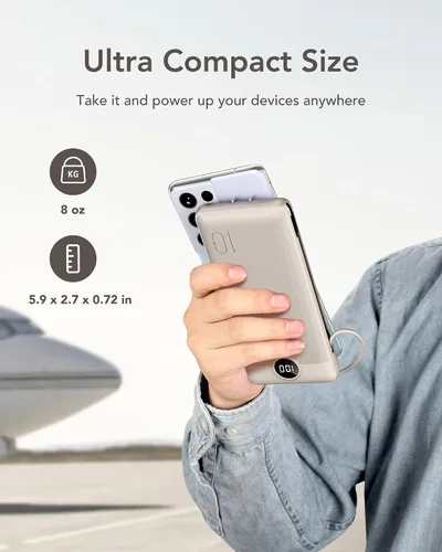 Miniatura 8 de VEGER Cargador Portátil con Enchufe de CA Integrado y Cables, Todo en Uno 10000mAh Batería Externa Ultra Delgada Esenciales de Viaje, Paquete
