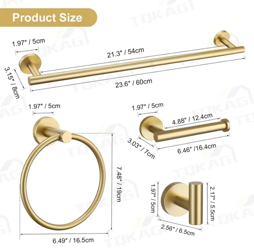 Miniatura 6 de TQKAG Juego de Herrajes de Baño de Oro Cepillado de 6 Piezas Juego de Accesorios de Baño Barra de Toallas Redonda de Acero Inoxidable de 23.6